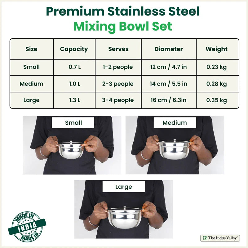 100% Toxin-free Premium Quality  Tri-Steel Stainless Steel Mixing Bowl Set with Lids – 3 Pieces, Food-Safety, Ideal for Mixing, Marinating & Storage (0.7L/1.0L/1.3L)