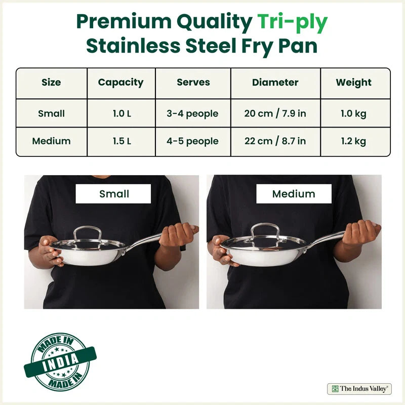 Premium Quality Tri-ply Stainless Steel Fry Pan with Lid, 3 Layer Thick Body, 100% Toxin-free, Non-stick, Induction & Gas,  20/22 cm, 1/1.5 L