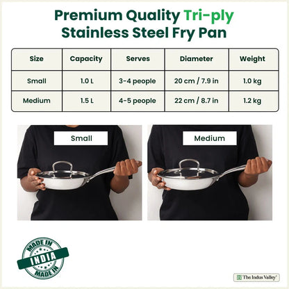 Premium Quality Tri-ply Stainless Steel Fry Pan with Lid, 3 Layer Thick Body, 100% Toxin-free, Non-stick, Induction & Gas,  20/22 cm, 1/1.5 L