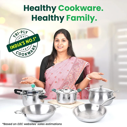 Tri-ply Stainless Steel Biryani Pot/ Casserole/ Sauce Pot with Steel Lid, Premium Quality, 3 Layer Thick Body and 5-ply Bottom, 100% Toxin-free, Non-stick, Induction & Gas, 2.3L/18cm
