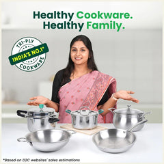 Tri-ply Stainless Steel Kadai with Steel Lid, Premium Quality, 3 Layer Thick Body, 100% Toxin-free, Non-stick, Induction & Gas, 20cm/22cm/24cm/26cm/28cm