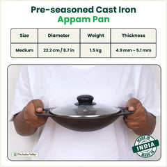 Premium CASTrong Cast Iron Appam Pan/Appa chetty for Kitchen, Glass Lid, Pre-seasoned, Nonstick, 100% Pure, Toxin-free, Induction, 22cm, 1.5kg