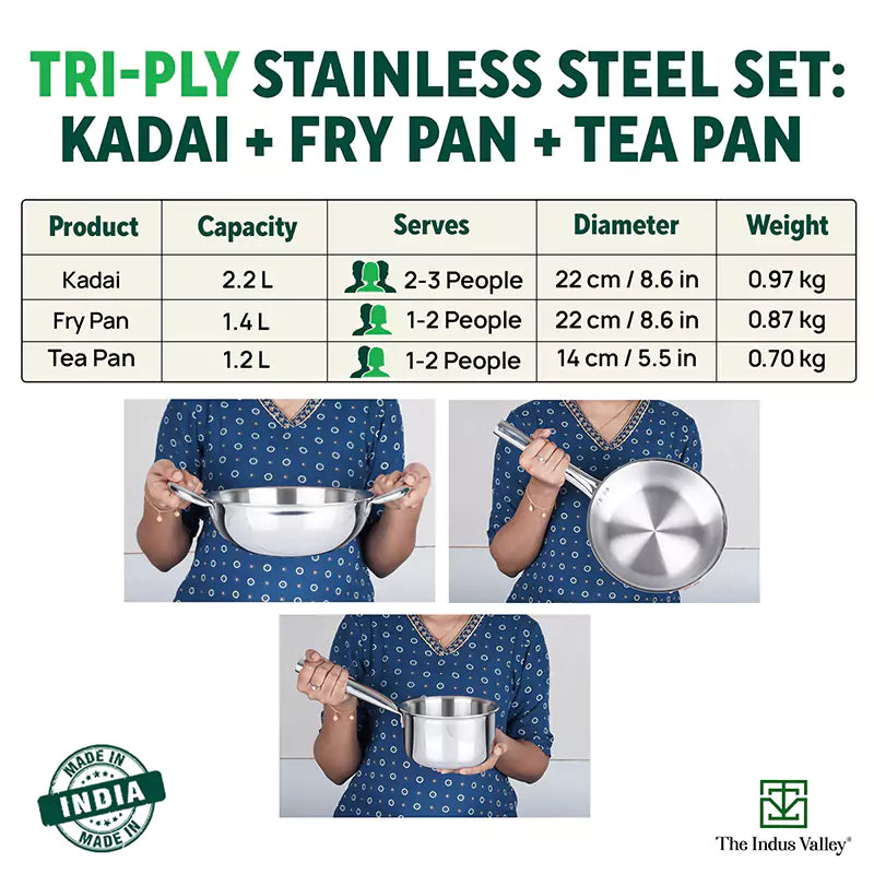 TurboCuk Tri-ply Stainless Steel Cookware Set: 2.2L Kadai+ 1.4L Frypan+  1.2L Tea/Milk pan, Premium Quality, 3 Layer Thick Body, 100% Toxin-free, Non-stick, Induction & Gas