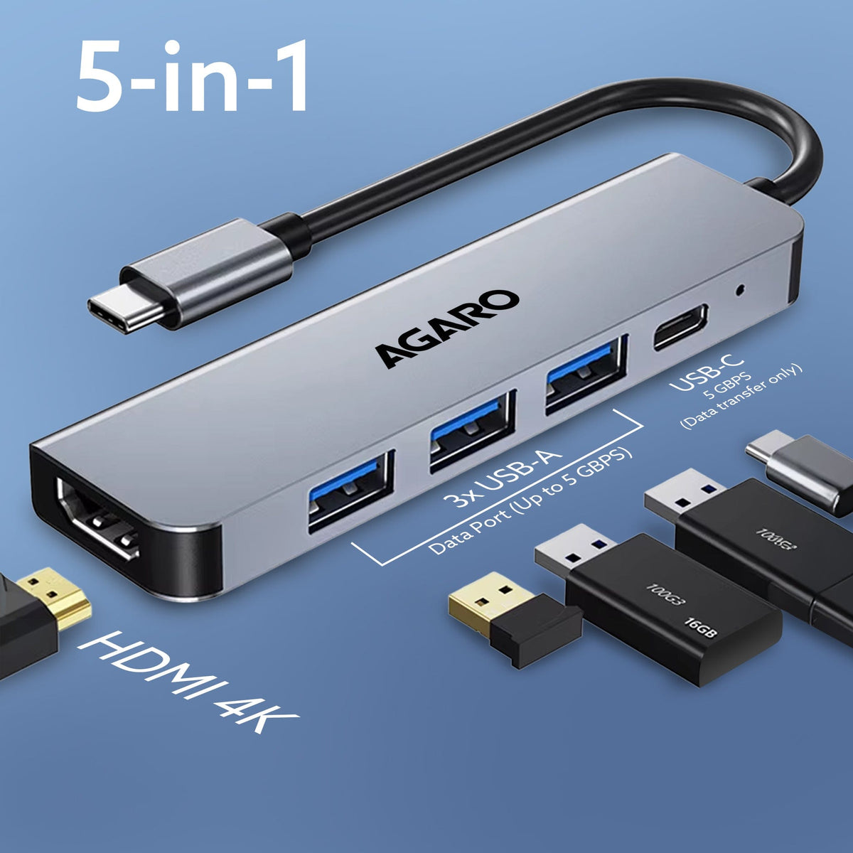 AGARO 5-in-1 Type-C Multi-Port Hub, 4K@60Hz USB-C to HDMI Adapter, 85W PD Charging, 3× USB-A & USB-C 3.0 Data Ports, SD/