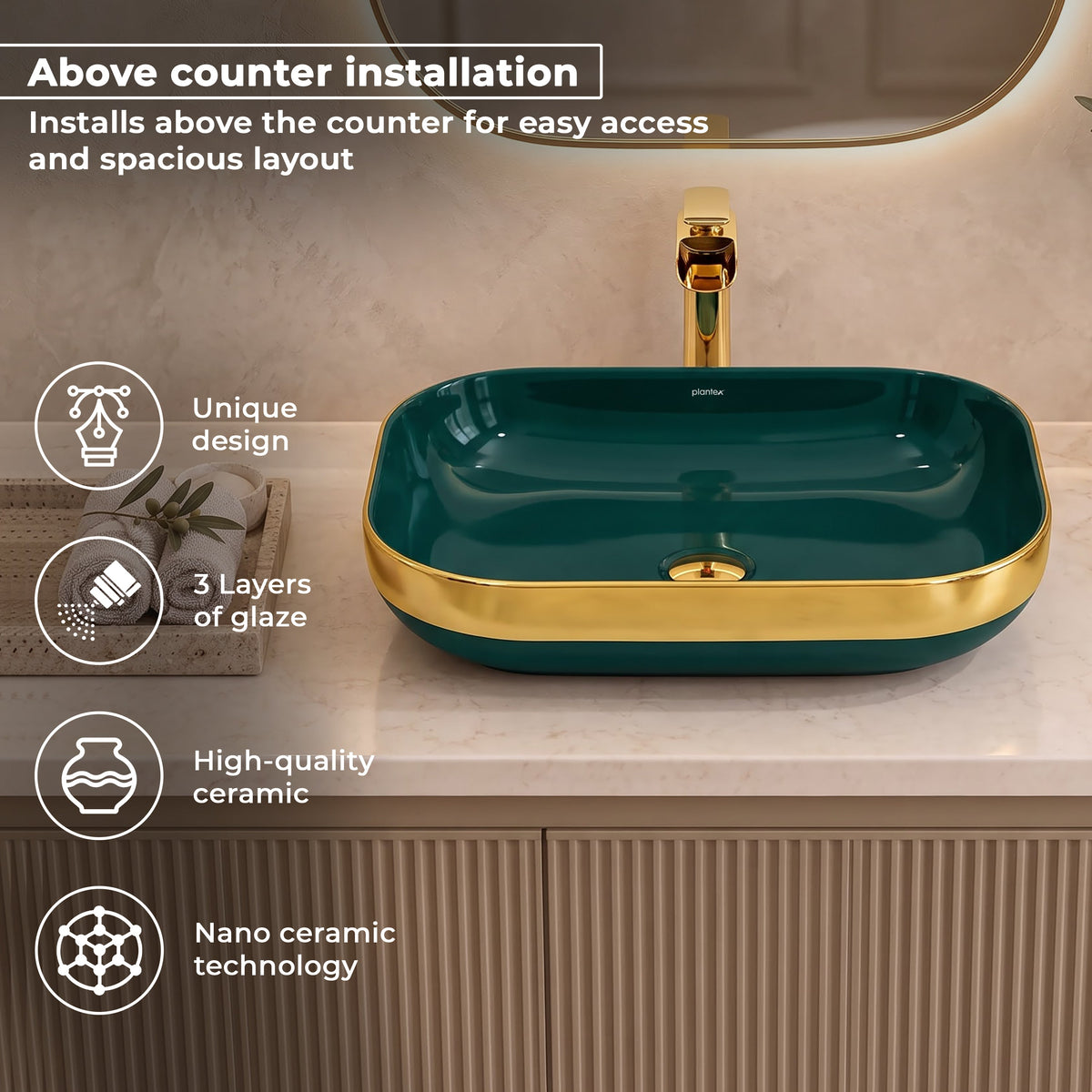 Plantex Wash Basin/Ceramic Table Top Wash Basin/Countertop Basin for Bathroom/Restaurants/Hotel Rectangular Green & Gold - 20 x 14 x 6 Inch)-5