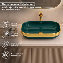 Plantex Wash Basin/Ceramic Table Top Wash Basin/Countertop Basin for Bathroom/Restaurants/Hotel Rectangular Green & Gold - 20 x 14 x 6 Inch)-5