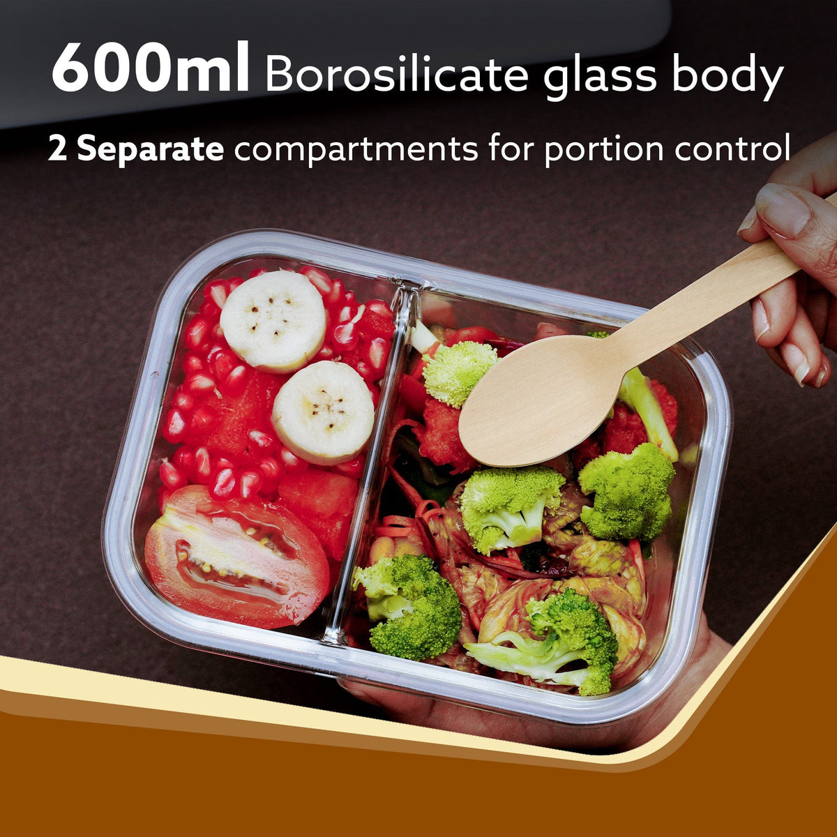 AGARO Compartment Lunch Box/Container 600Ml, Office Tiffin Box for Men & Women, Borosilicate Glass Body, Microwave Oven Safe, Leak Proof Locking Lid, Airtight Tiffin for Office, Transparent