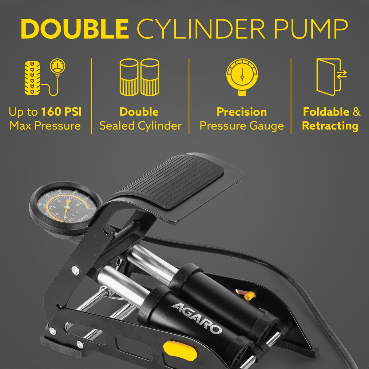 AGARO Foot Tyre Inflator, Double Cylinder Rapid Inflation, 160 PSI, High-Pressure Foot Air Pump with Integrated Gauge fo