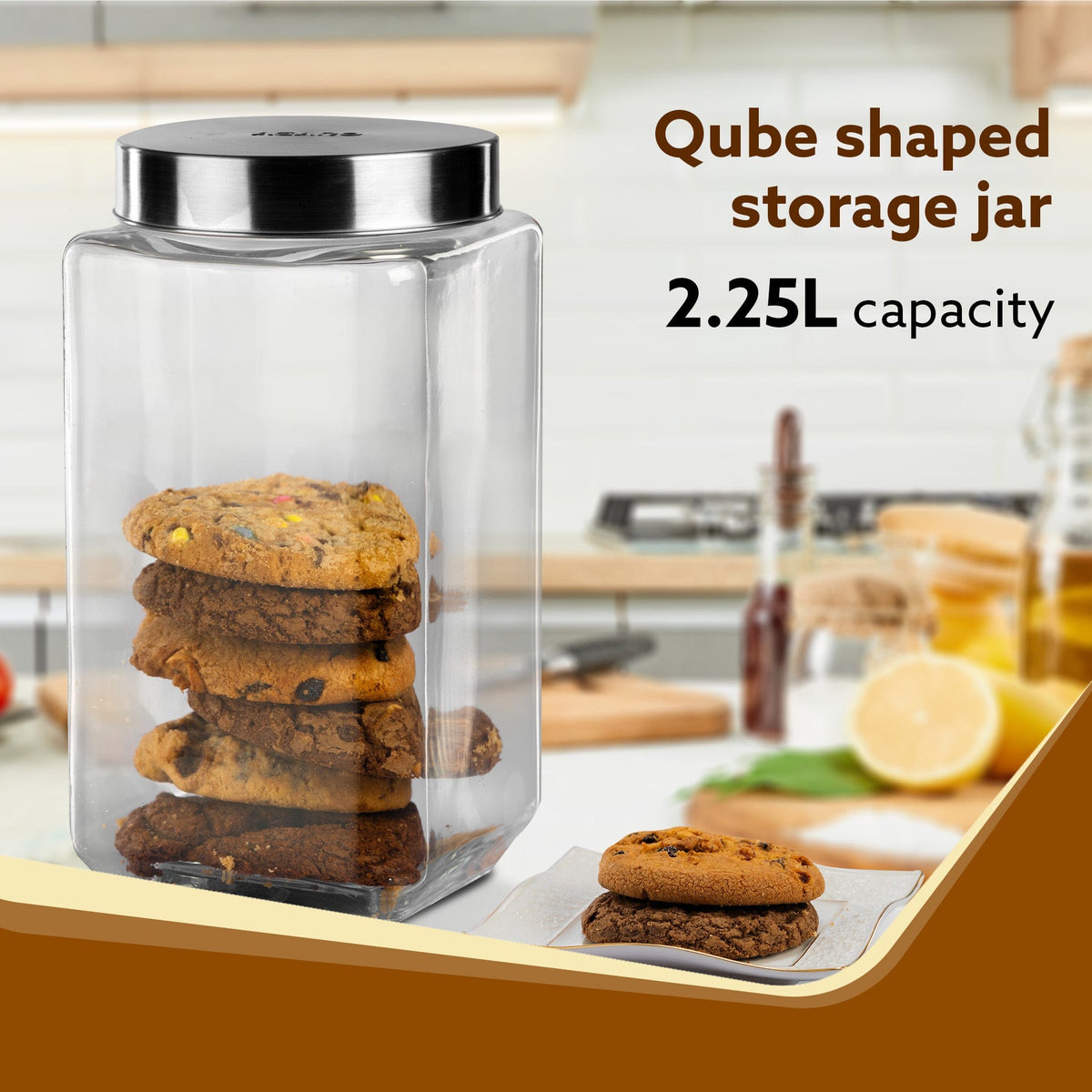 AGARO Elegant Glass Jar 2250 ml, Square Shaped, Steel Lid, Storage Glass Container, Transparent, Kitchen Organiser, Multipurpose Jar.