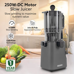 AGARO Regal Cold Press Slow Juicer, 250 Watt DC Motor, Easy Assembly & Cleaning, Auto Reverse, Advanced Safety Lock, Fru