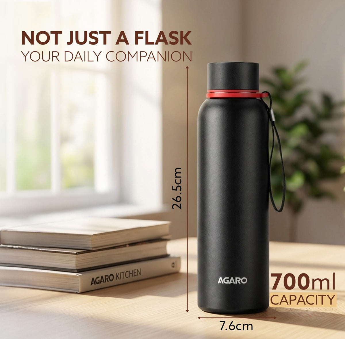 AGARO Elegant 700ml Stainless Steel Water Bottle, Up to 24 Hrs. Hot & Cold, ISI Certified, Triple Vacuum Insulated, Leak-Proof, Rust-Proof, BPA-Free, for Office, Travel, Gym, 1Y Warranty, Gun Black