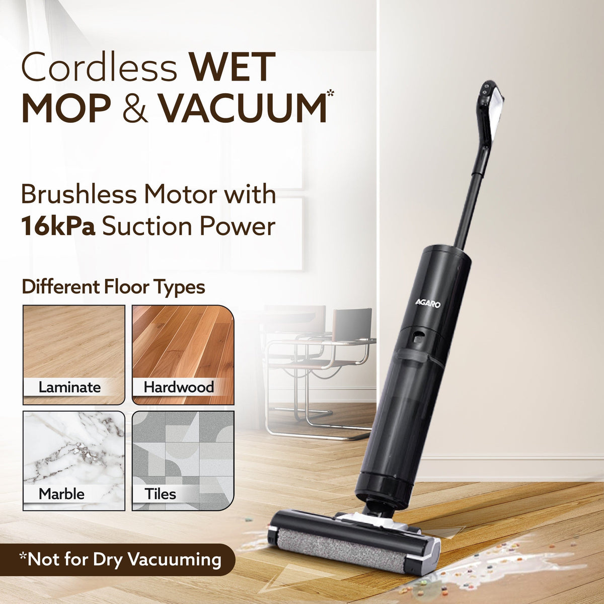 AGARO Royal Mop & Vacuum Cleaner, Lightweight Cordless Cleaner for Multi-Surface Hard Floor, Brushless Motor, Smart Disp