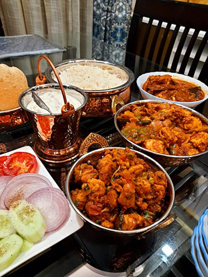 Handmade Pure Steel Copper 2 Kadhai 2 Handi 1 Bucket Serving Set