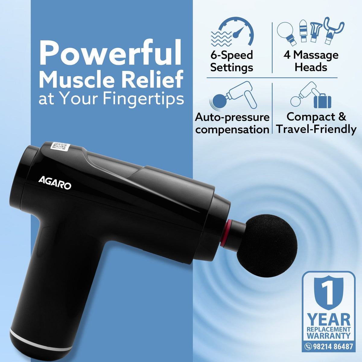 AGARO Primo Gun Massager, 4 Heads, 6 Speed, Rechargeable, Handheld, Deep Tissue Muscle Massager for Full Body Relief, Mu