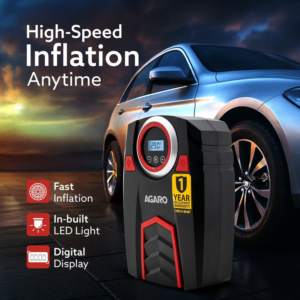 AGARO Marvel Tyre inflator, for Cars, 12V, Upto 150 PSI, 120 W Powerful Motor, Up to 3M Long Cable, Digital Display, Mul