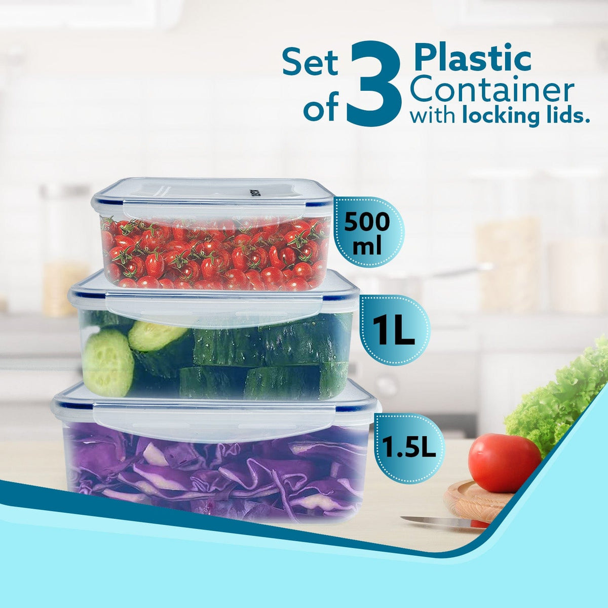 AGARO Airtight Container, Food Storage Container With Lid, Multipurpose Kitchen Container, Rectangular Plastic Body, Leak Proof, BPA Free, Capacity 500ML, 1L, 1.5L, Set of 3.
