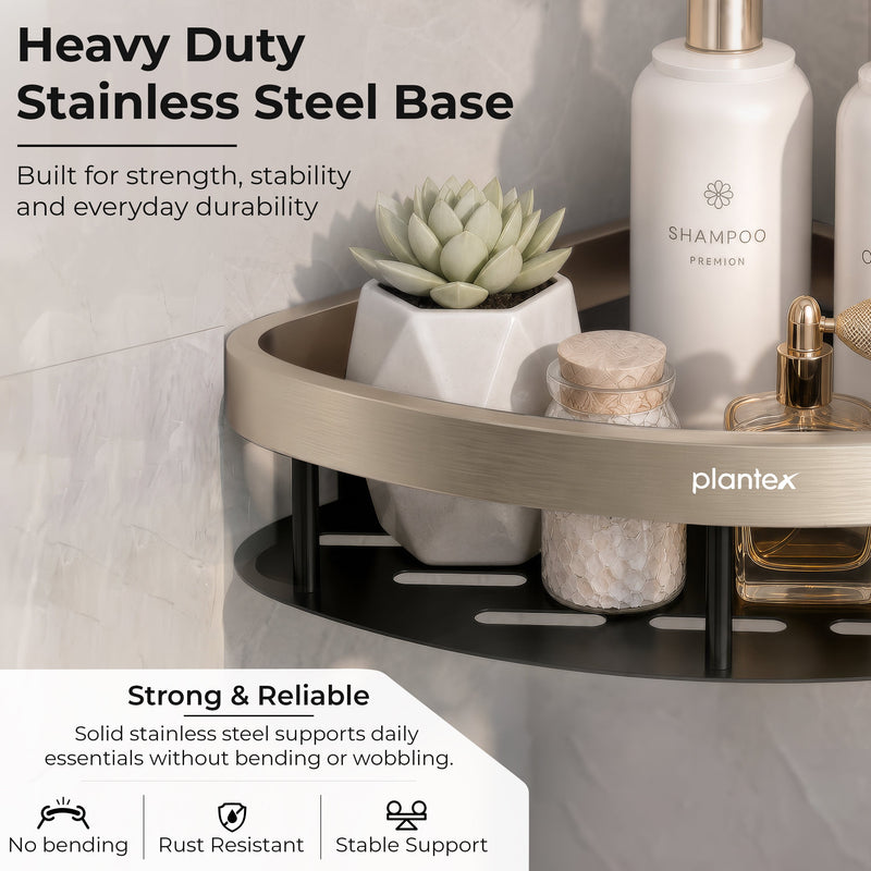 Plantex Self Adhesive Corner Shelf for Bathroom Wall/Aluminium & Stainless Steel Corner Shelf/Storage Organizer/Bathroom Accessories Set- Pack of 1 (8 x 8 inch, Satin & Black)-4