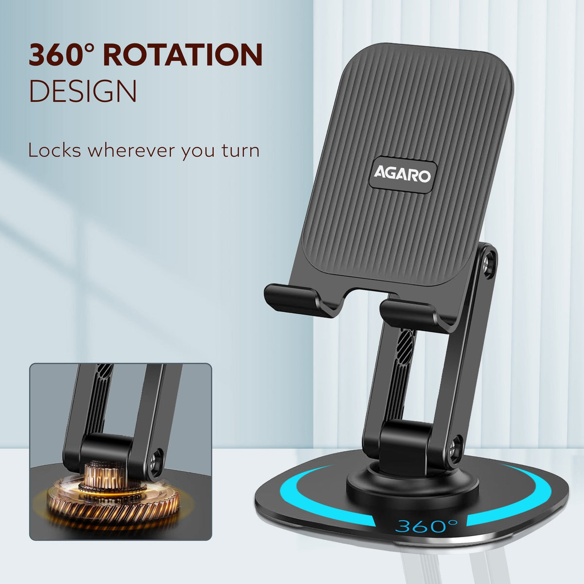 AGARO 360° Revolving Mobile Stand, Foldable & Sturdy Metal Stand with 360° Rotation, Multiple Height & Angle Adjustments & Anti-Slip pads for Desk, Compatible with Smartphones, Tablets, Kindles & iPad-2