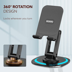AGARO 360° Revolving Mobile Stand, Foldable & Sturdy Metal Stand with 360° Rotation, Multiple Height & Angle Adjustments & Anti-Slip pads for Desk, Compatible with Smartphones, Tablets, Kindles & iPad-2