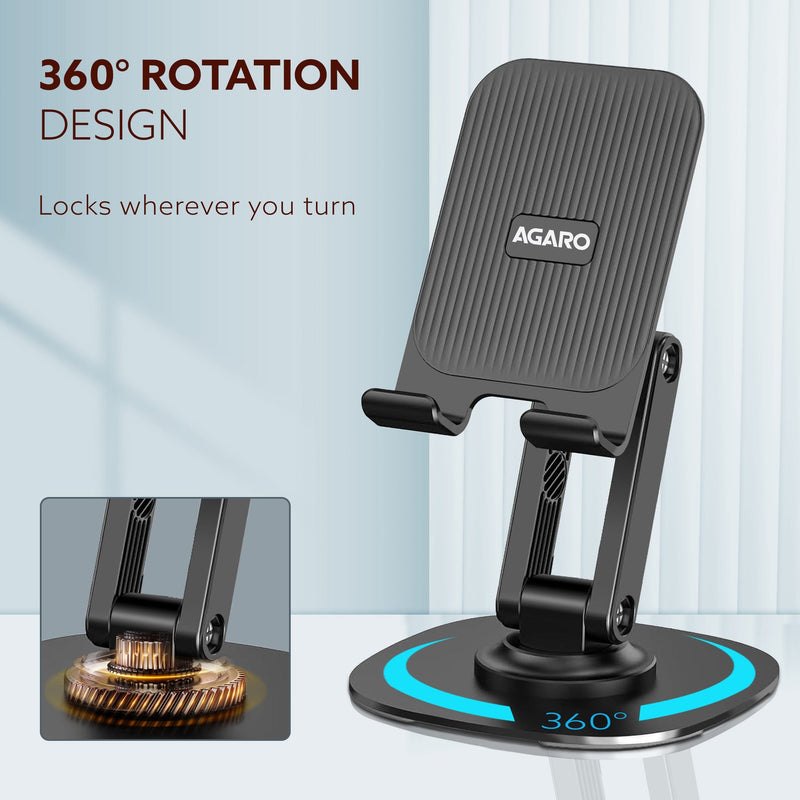 AGARO 360° Revolving Mobile Stand, Foldable & Sturdy Metal Stand with 360° Rotation, Multiple Height & Angle Adjustments & Anti-Slip pads for Desk, Compatible with Smartphones, Tablets, Kindles & iPad-2