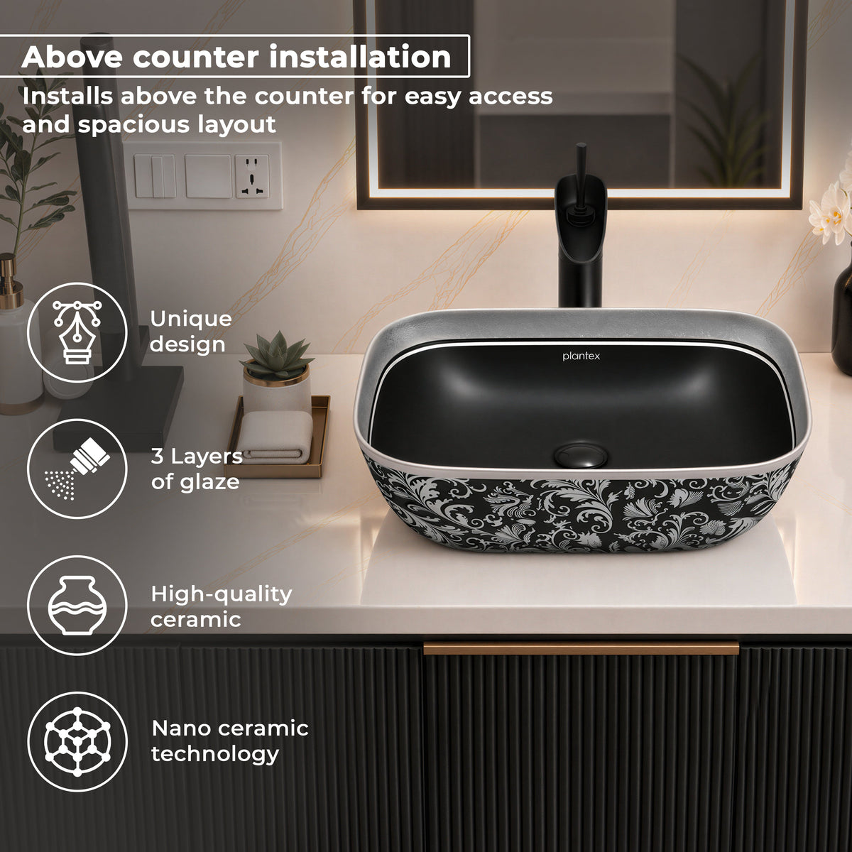 Plantex Wash Basin for Bathroom/Ceramic Table Top Washbasin/Countertop Vessel Sink Basin - Indo-European Collection (EQTT-521,18 x13x 5 Inch)-5