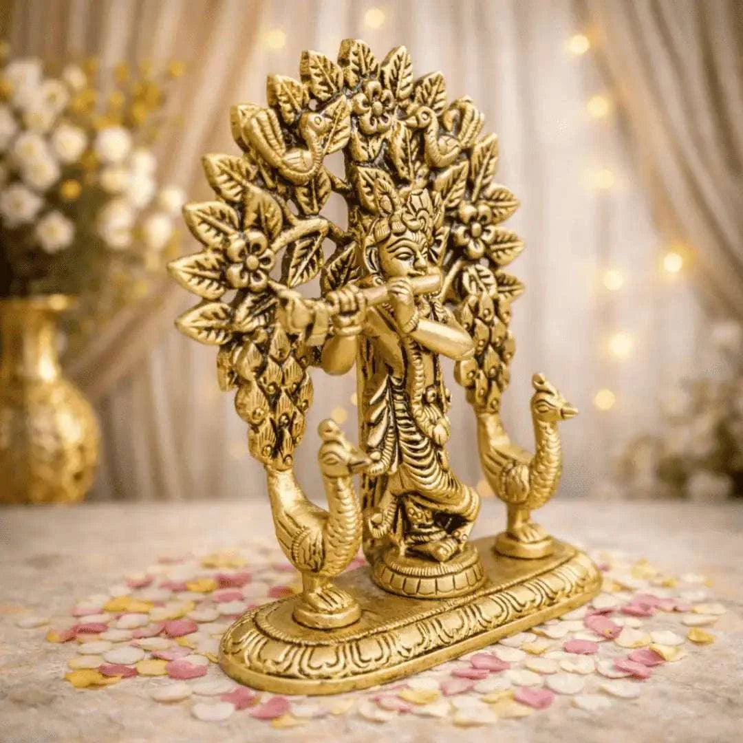 Brass Lord Krishna Standing Statue With Tree And Peacock (5 Inch)