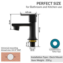 Plantex Pillar Tap for Wash Basin with Water Saving Aerator and Brass Spindle/Quarter Turn Basin Tap with Teflon Tape/Pillar Cocke for Wash Basin - Pack of 1 (Saga, Black)-2
