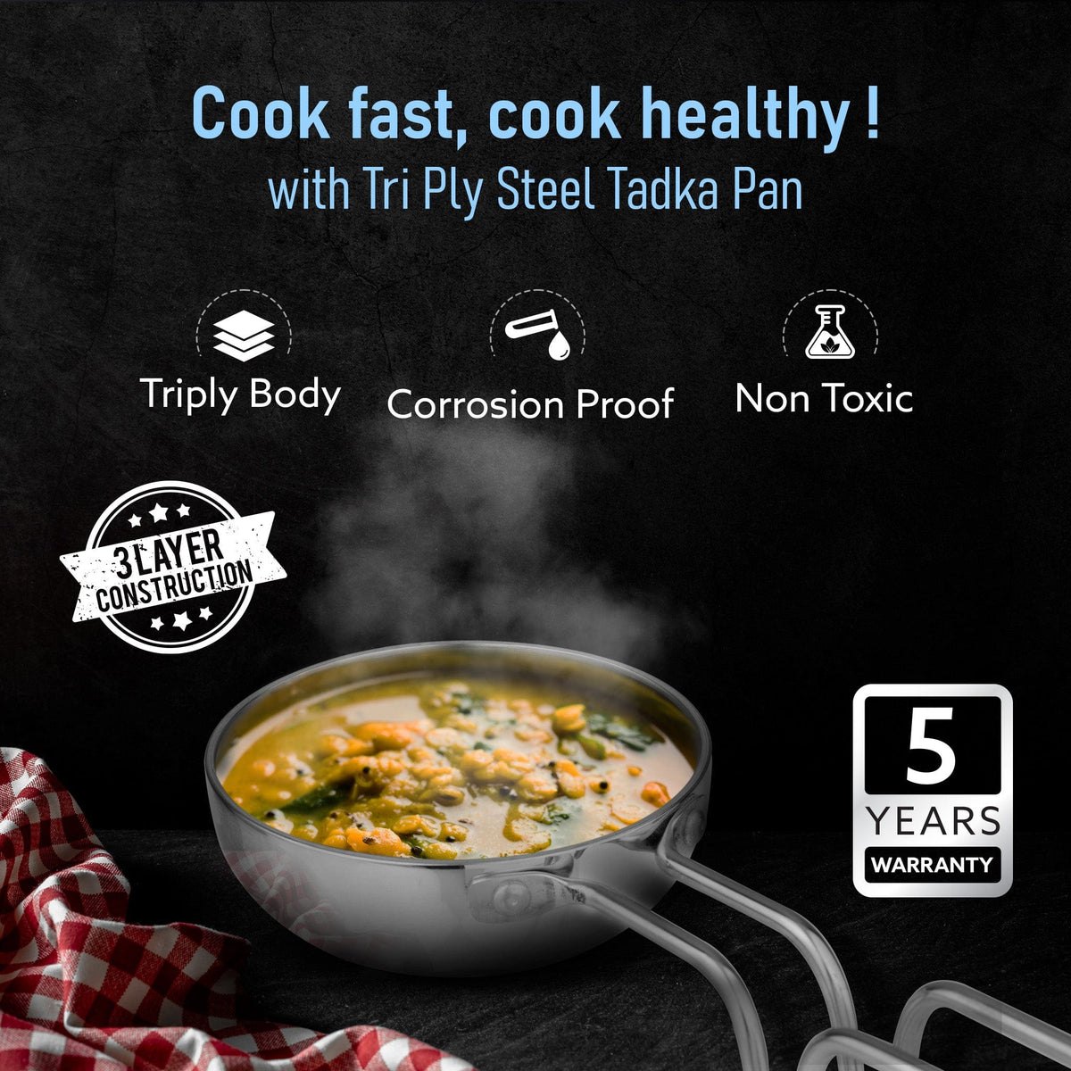 AGARO Stainless Steel Regency Triply Tadka Pan, 250 ml Capacity, 11 cm Diameter, 2.5 mm Thick Body, Induction & Gas Comp