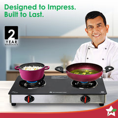 Wonderchef Regal 2 Brass Burner Gas Stove, LPG Gas Stove for Kitchen, ISI Toughened Glass Surface, SS Frame, Spill-proof