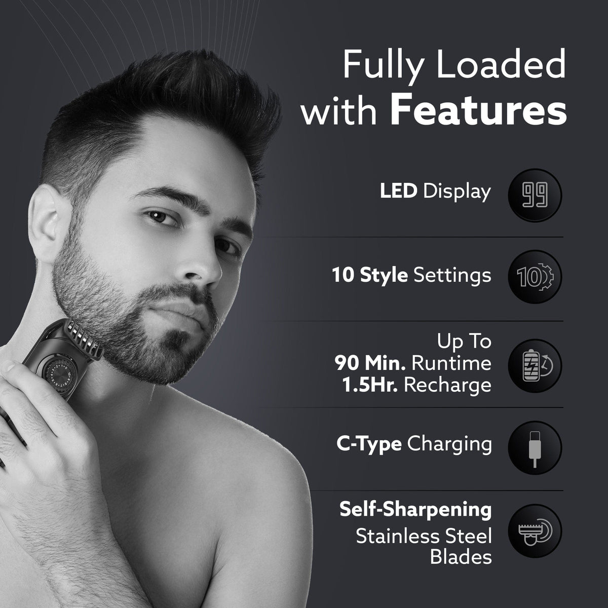 AGARO Beard Trimmer MT1122, 10 Length Settings with digital display USB rechargeable multifunctional for home and travel