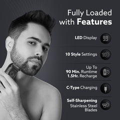 AGARO Beard Trimmer MT1122, 10 Length Settings with digital display USB rechargeable multifunctional for home and travel