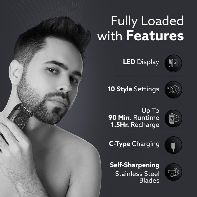 AGARO Beard Trimmer MT1122, 10 Length Settings with digital display USB rechargeable multifunctional for home and travel