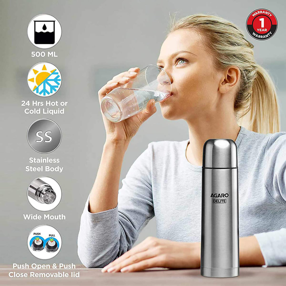 AGARO Delight Stainless Steel Vacuum Flask, 500ML, Hot & Cold Up to 24 Hours, Double Walled Vacuum Insulated, Copper Coating Insulated, Flip top Lid, Leak Proof, Grey.-2