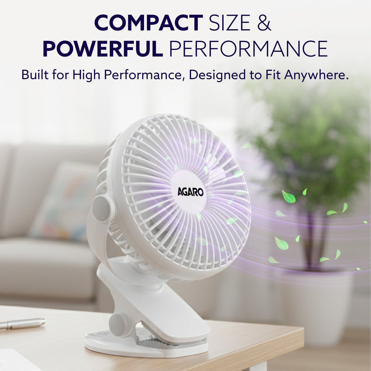 AGARO Regal Portable Clamp Fan | Rechargeable USB-C Compatible Table Fan with 3 Speeds, Multi-Clip Function, 3400 RPM & 