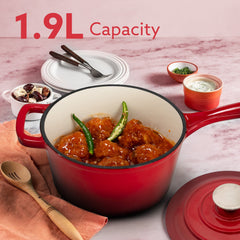 AGARO Royal Enamelled Cast Iron Sauce Pan with Lid, 19 Cm Diameter, 1.9 Liter Capacity, No Chemical Coating, Heavy Botto