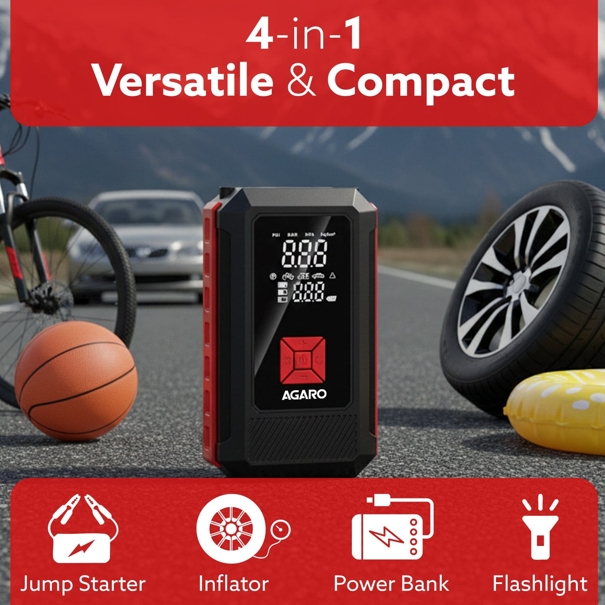 AGARO Regal Tyre inflator & Jump Starter, For Cars & Bikes, 12V, Upto 150 PSI, 10000 mAH Powerful Battery, LED Light, Di