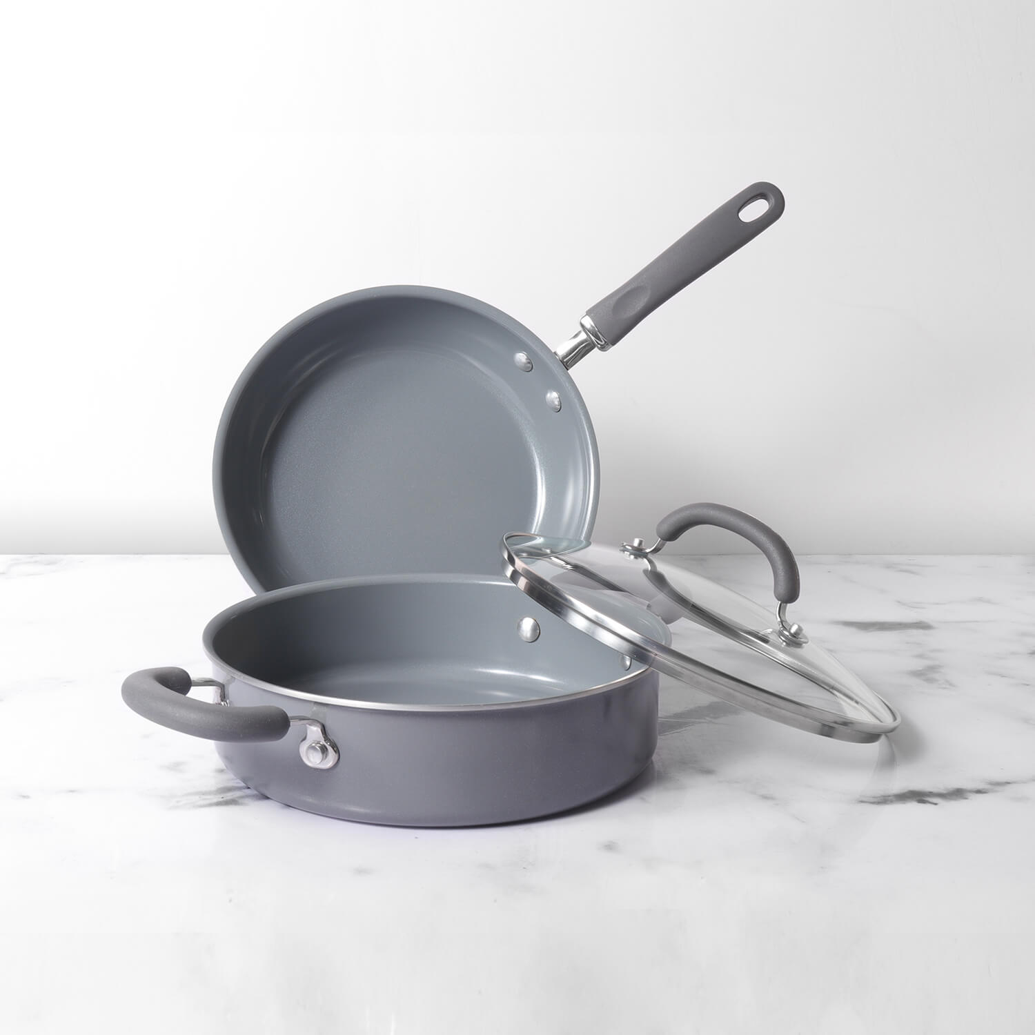 Meyer Anzen Ceramic Coated Cookware 3pcs Set - 24cm Open Frypan + Sauteuse with Interchangeable Lid