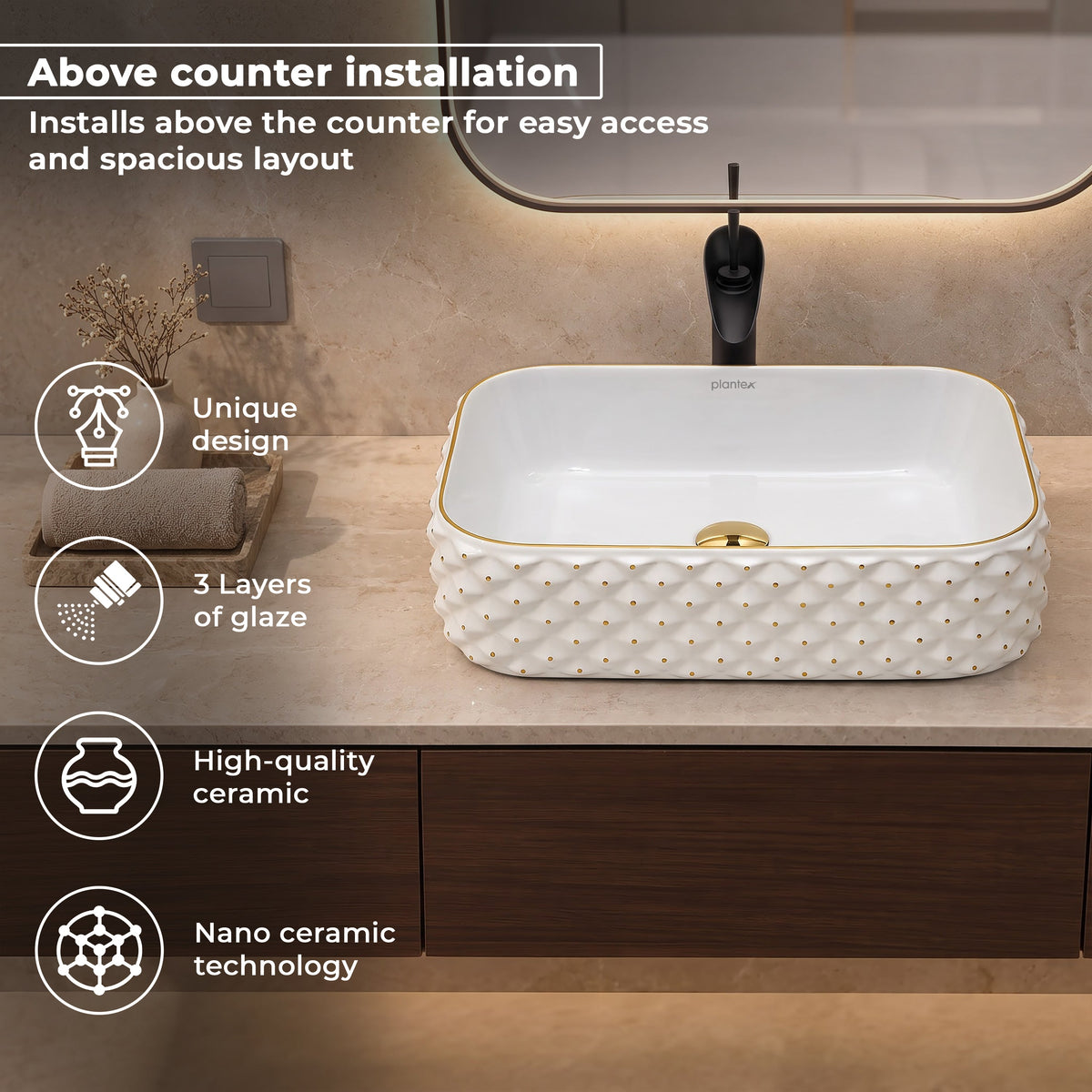Plantex Wash Basin/Ceramic Table Top Wash Basin/Designer Countertop Basin for Bathroom/Restaurants/Hotel Rectangular (294, White & Gold, 19 x 13 x 5 Inch)-4