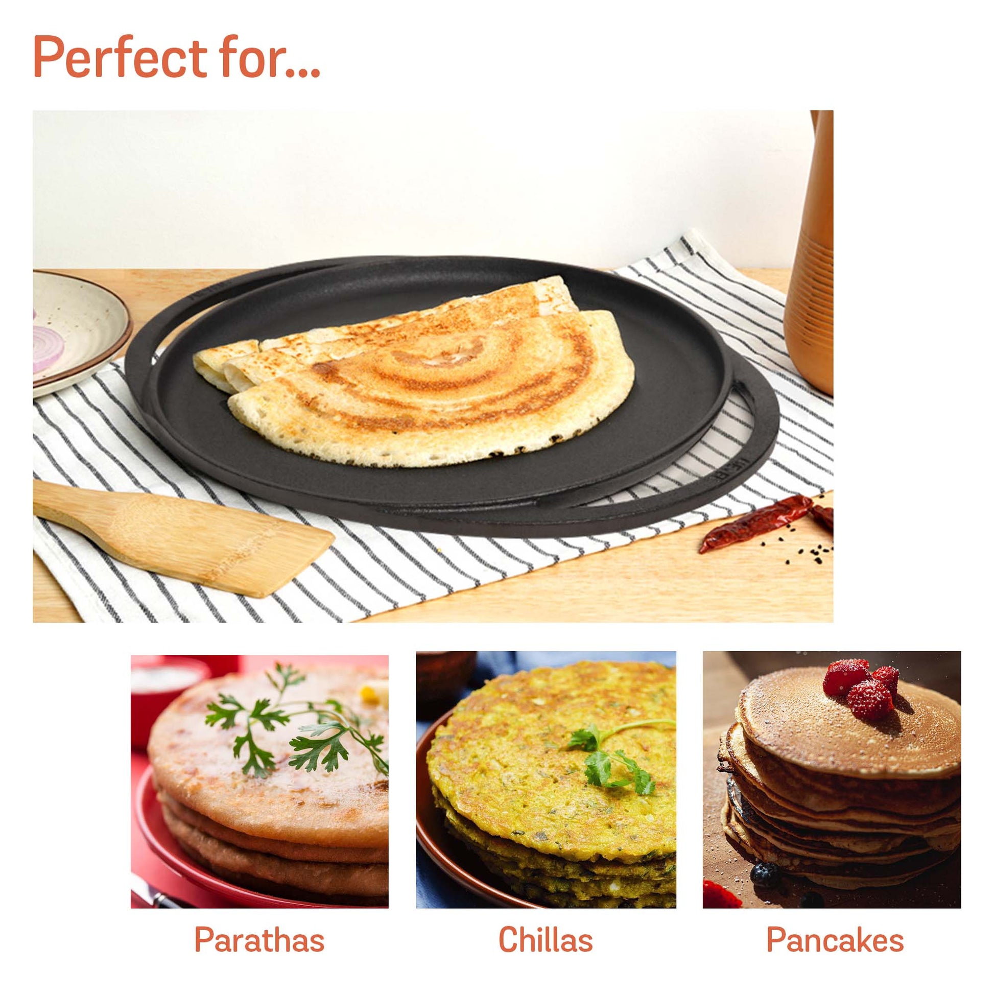 Meyer Pre-Seasoned Cast Iron Two Side Handle Flat Tawa Pan,30cm