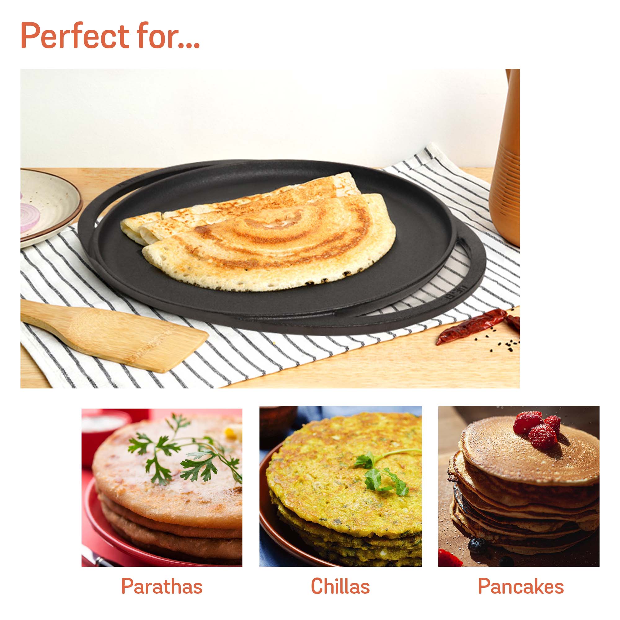 Meyer Pre-Seasoned Cast Iron Two Side Handle Flat Tawa Pan,30cm