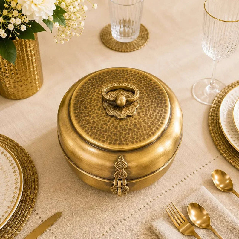 Brass Handcrafted Roti / Chapati Box With Tong (5.5 Inch)