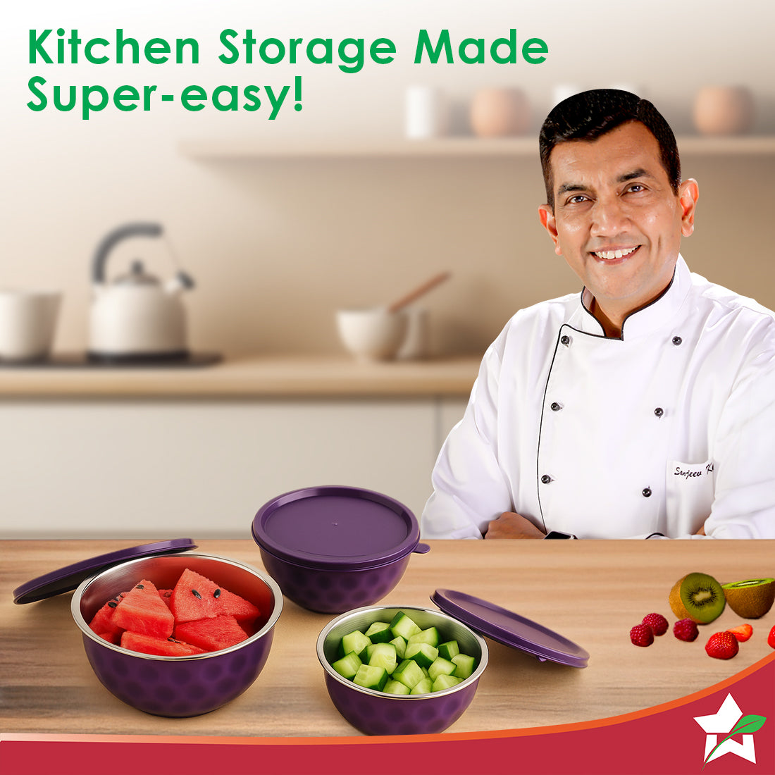 Wonderchef Modena Stainless-steel 3 Pc. Bowl Set with Airtight Lid, 14 cm (620ml), 16 cm (800ml), 18 cm (1.3 L), Stackab