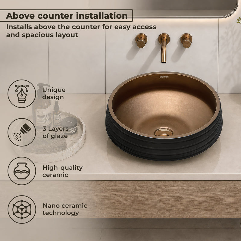 Plantex Designer Ceramic Basin/Table Top Wash Basin for Bathroom/Countertop Vessel Sink Basin for Home/Office/Restaurant (Black & Bronze - 15 x 15 x 6 Inch)-4