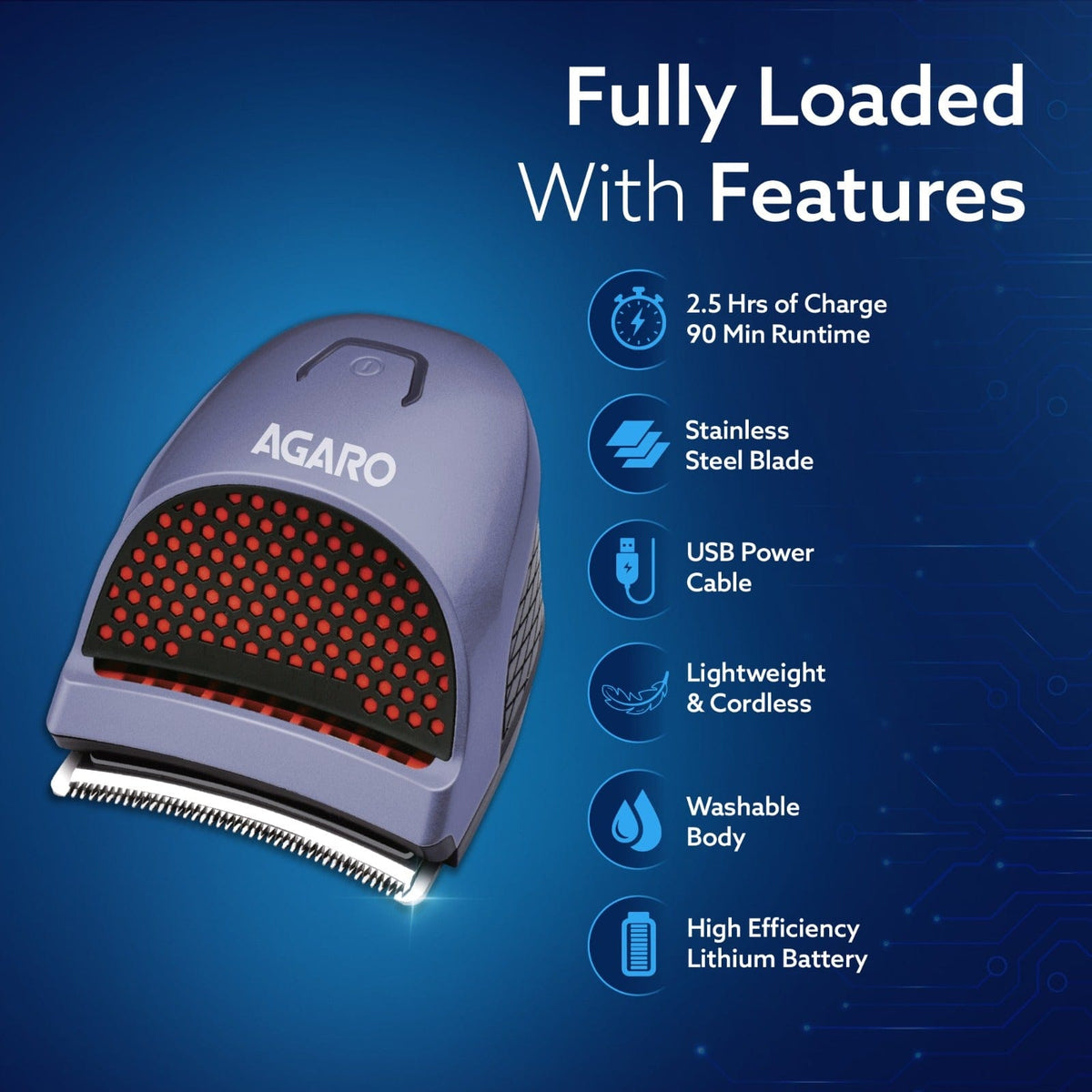 AGARO Hair Clipper 1717: Cordless, waterproof trimmer with curved blades and 4 combs (3, 6, 9, 12mm). Perfect for self-haircuts, grooming, and easy cleaning-2
