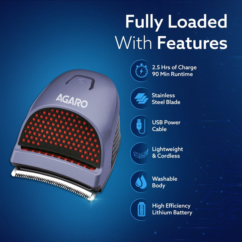 AGARO Hair Clipper 1717: Cordless, waterproof trimmer with curved blades and 4 combs (3, 6, 9, 12mm). Perfect for self-haircuts, grooming, and easy cleaning-2