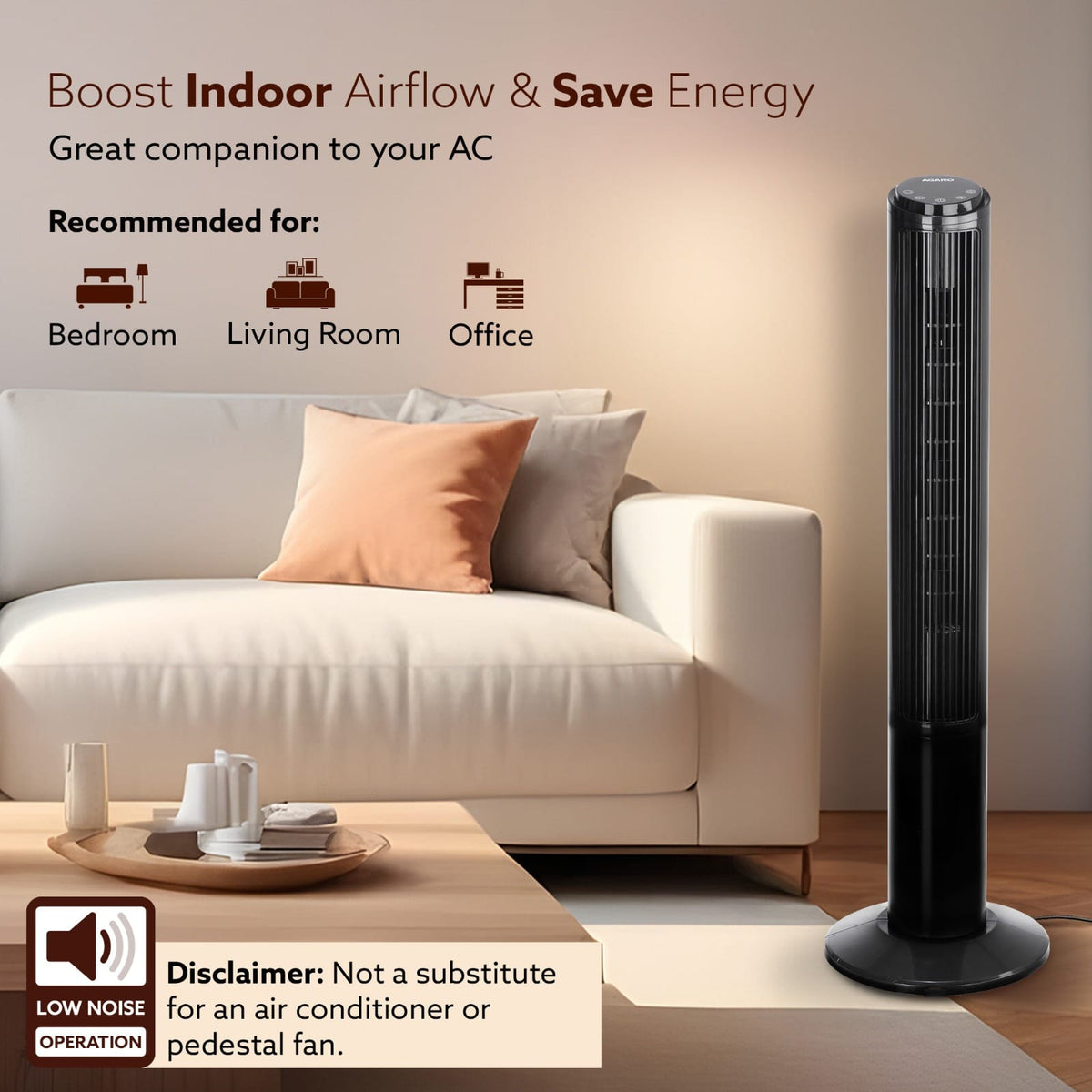 AGARO Imperial Oscillating Tower Fan, 40 Inches, 3 Speed, 2 Modes, Electric Standing Fan-2