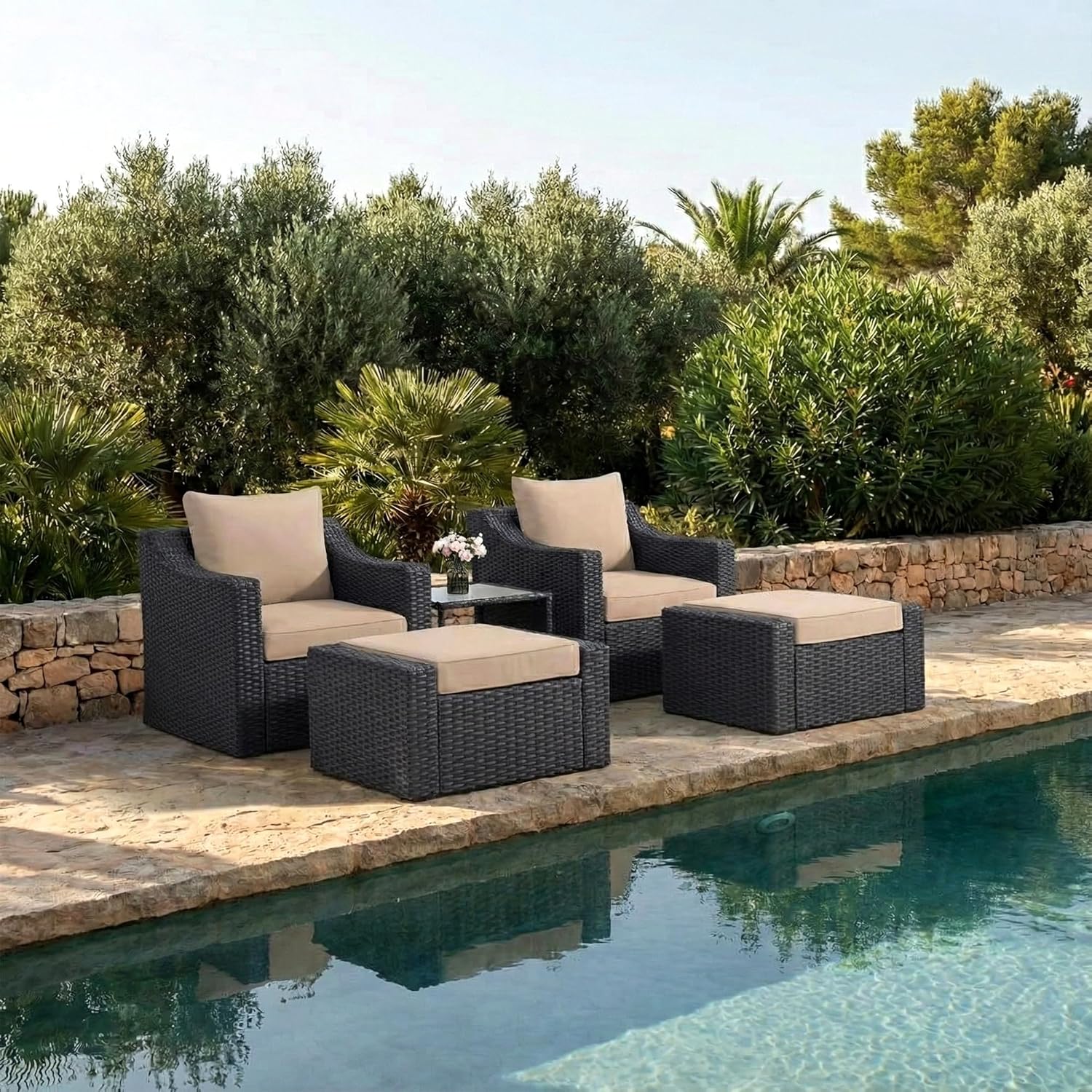 Allesi Outdoor Patio Sofa Set 2 Single Seater , 2 ottoman and 1 Center Table Set (KHAKHI)