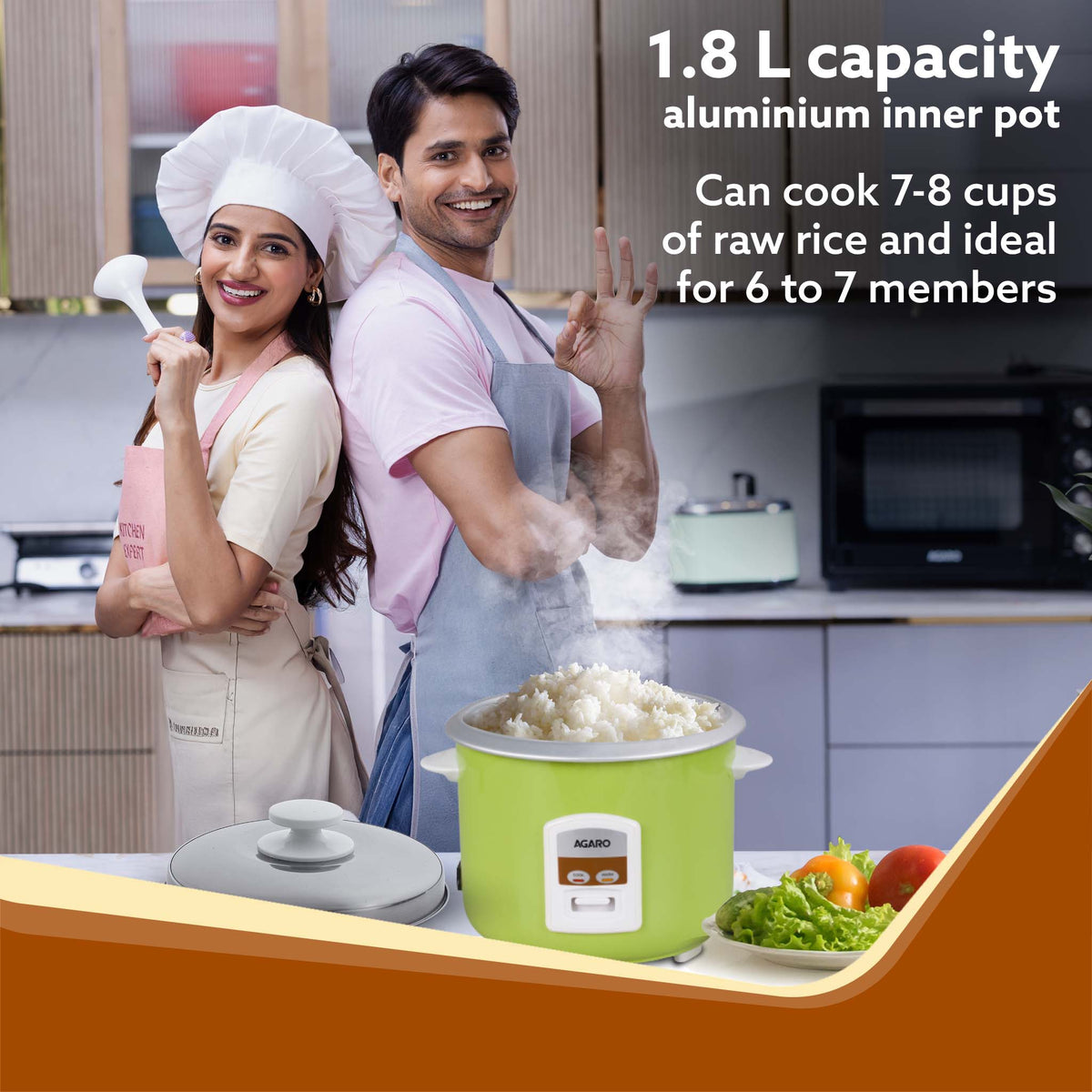 AGARO Marvel Electric Rice Cooker, 1.8L, 700W, Automatic Boiler, Steamer, Removable Aluminium Pot, Stainless Steel Lid, 