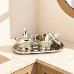 Brass Silver Plated Twin Bowl Set with Lids And Tray (3 Inch)