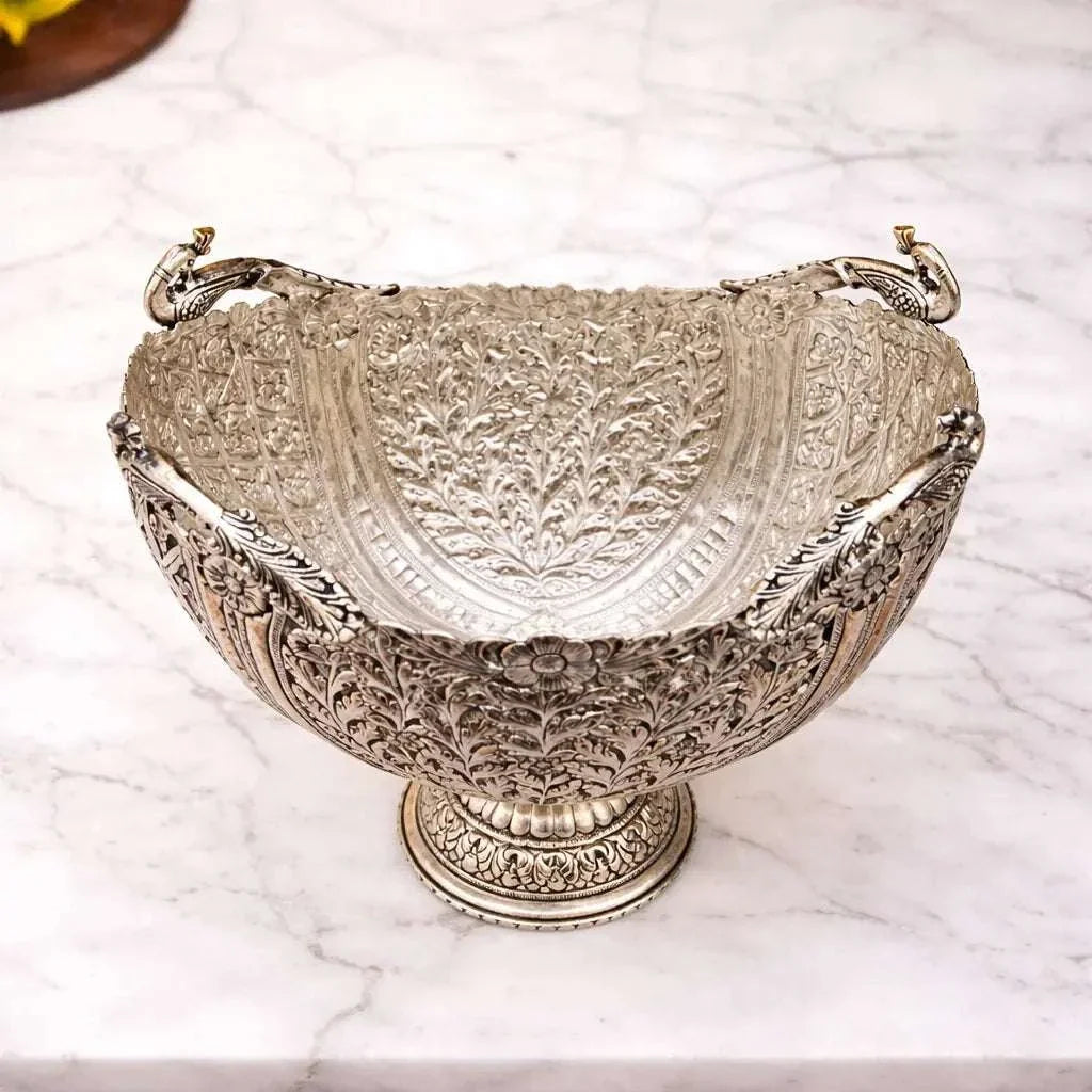 Brass Silver Plated Decorative Basket with Peacock Design (10 Inch)